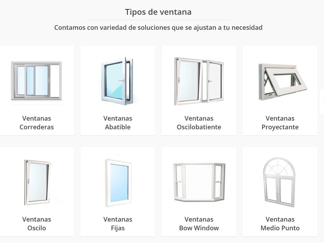 Tipos de ventanas disponibles: correderas, abatibles, proyectantes y otras.